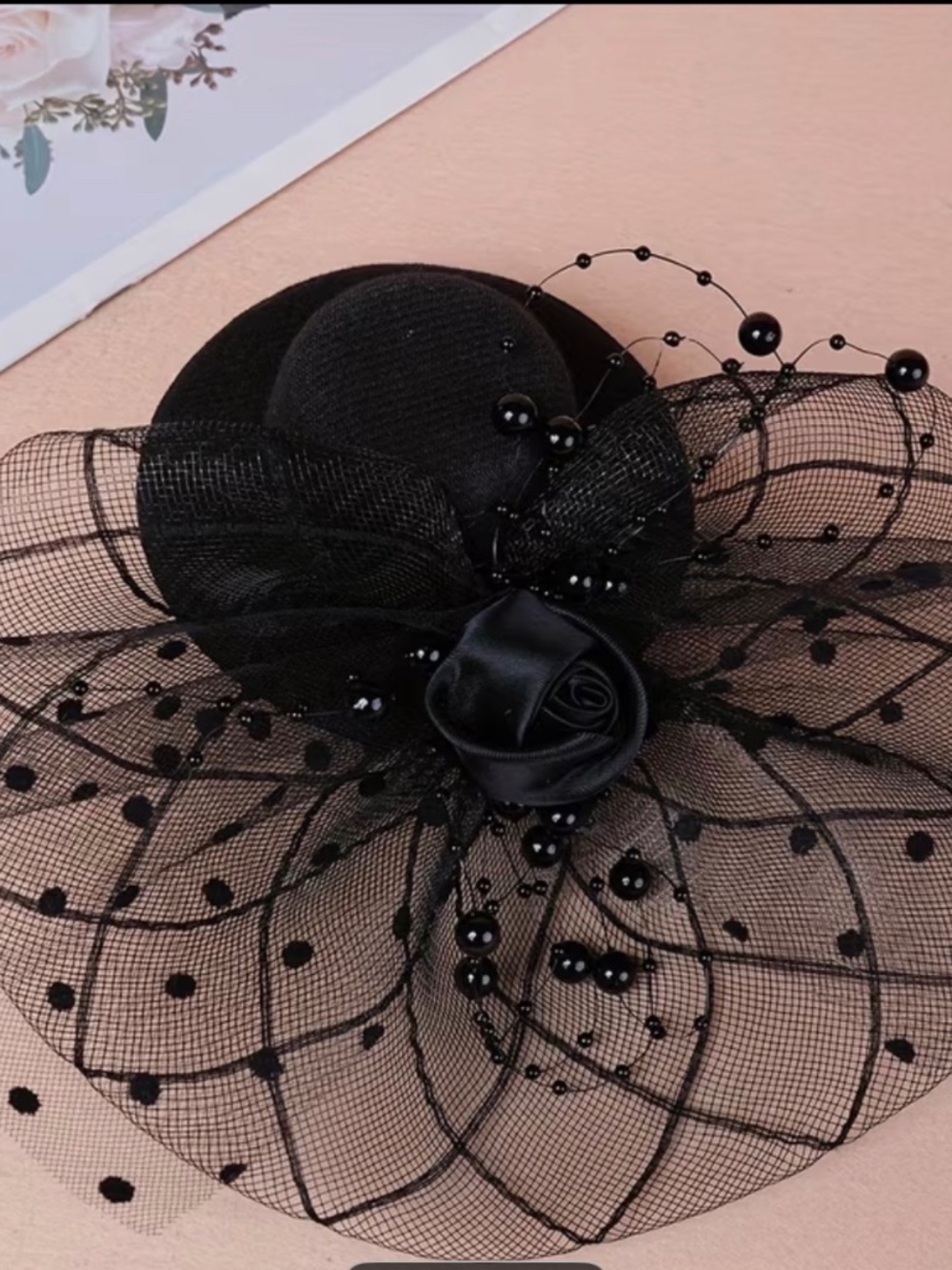Women’s Small Black Top Hat Mesh Flower Derby Fascinator